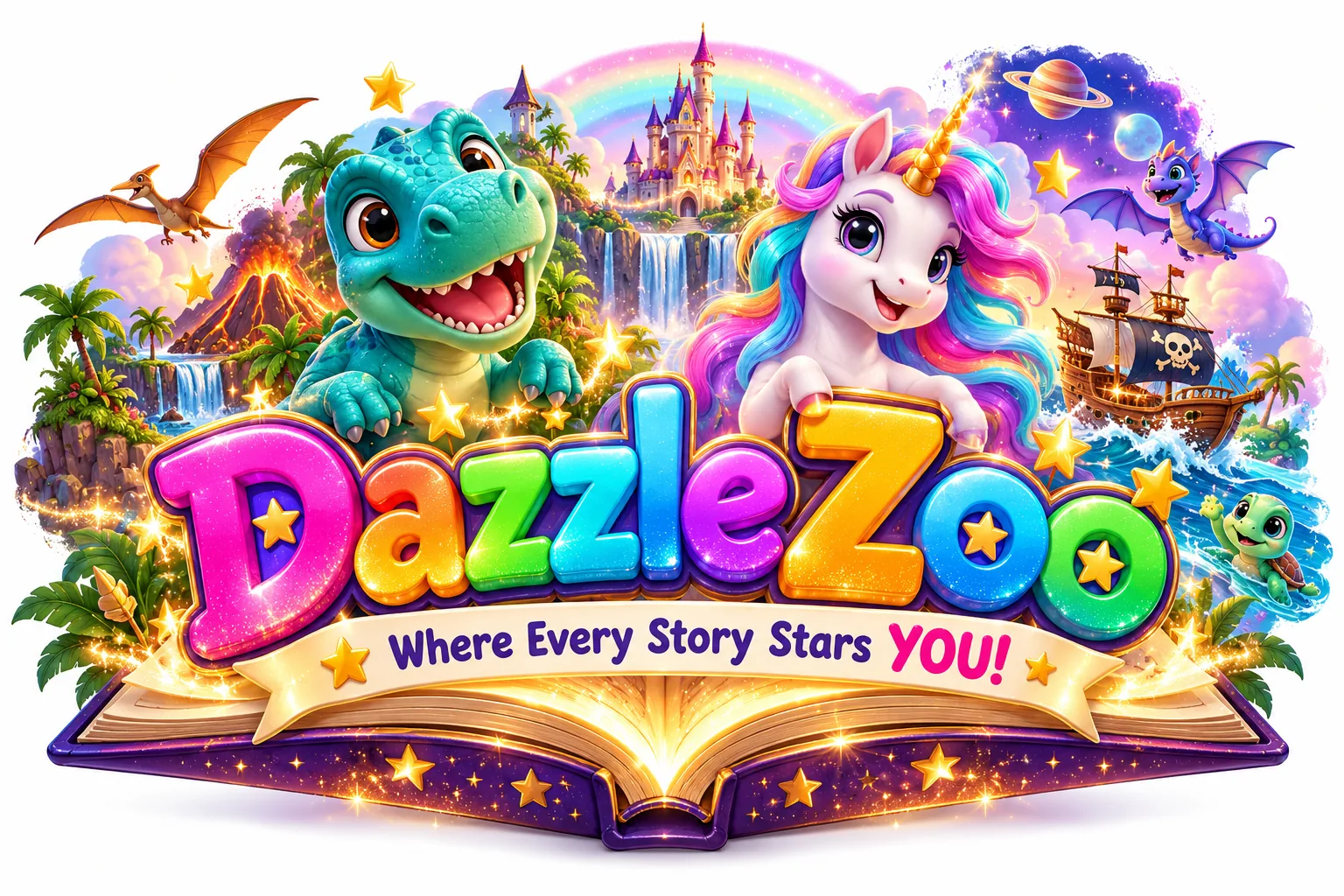 The DazzleZoo logo featuring a friendly teal dinosaur and a rainbow unicorn on a glowing storybook, with castles, volcanoes, and pirate ships